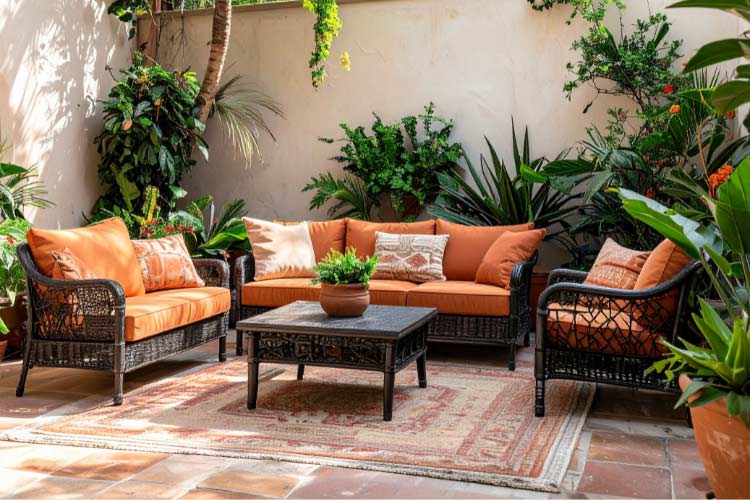 Covering your ugly patio with an outdoor rug is as easy as laying it down