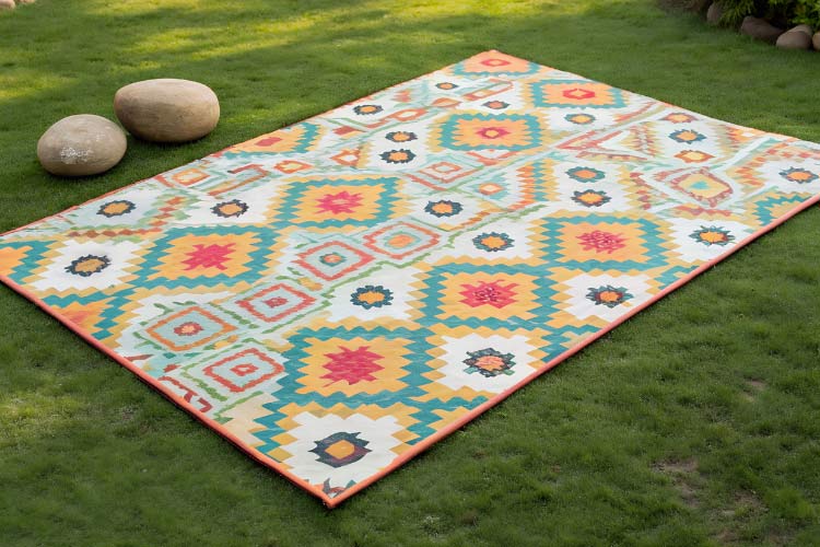 Outdoor rugs flatten uneven ground visually