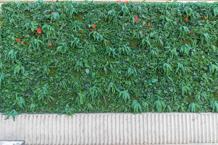 Artificial hedge panels attach to freestanding frames or railings